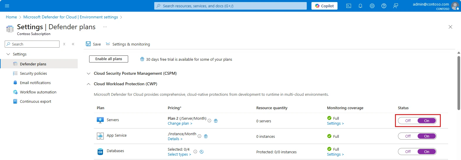Figure 1. Enable the Servers plan in Environment settings.
