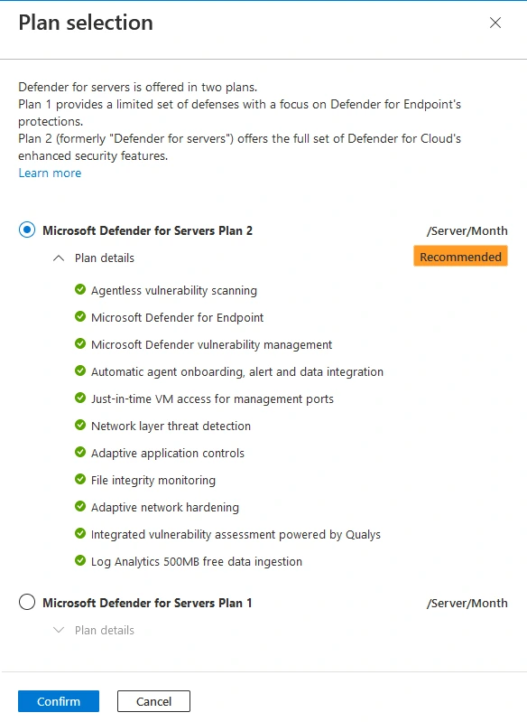 Microsoft portal illustration showing selection between Defender for Servers Plan 1 and Plan 2, with legacy feature labels.