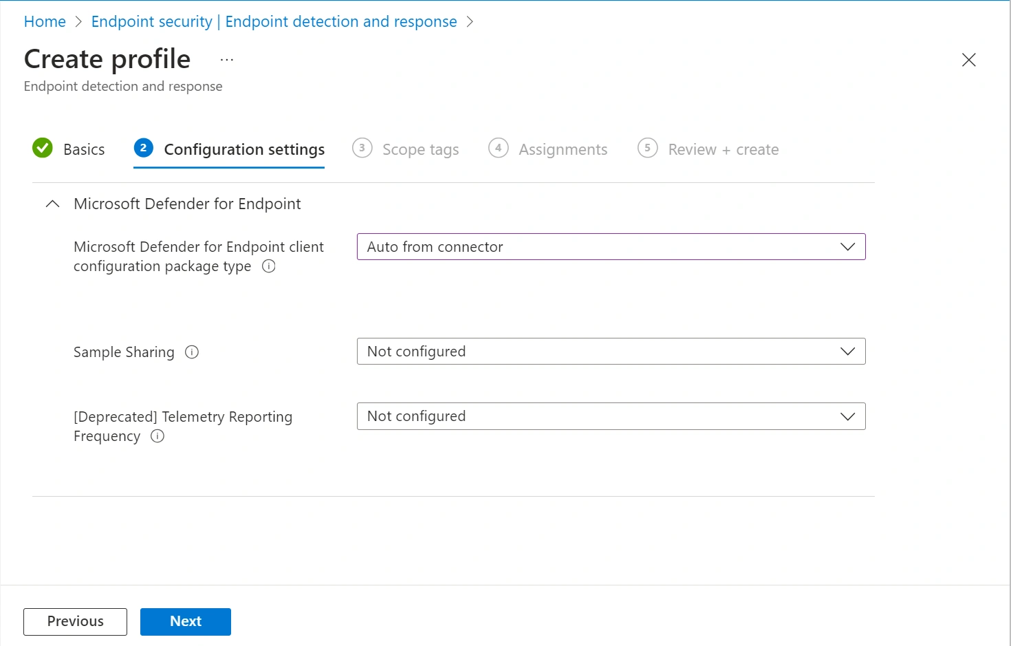 Intune EDR configuration after connecting Defender for Endpoint.