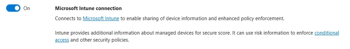 Microsoft Defender portal: enable the Intune connection.