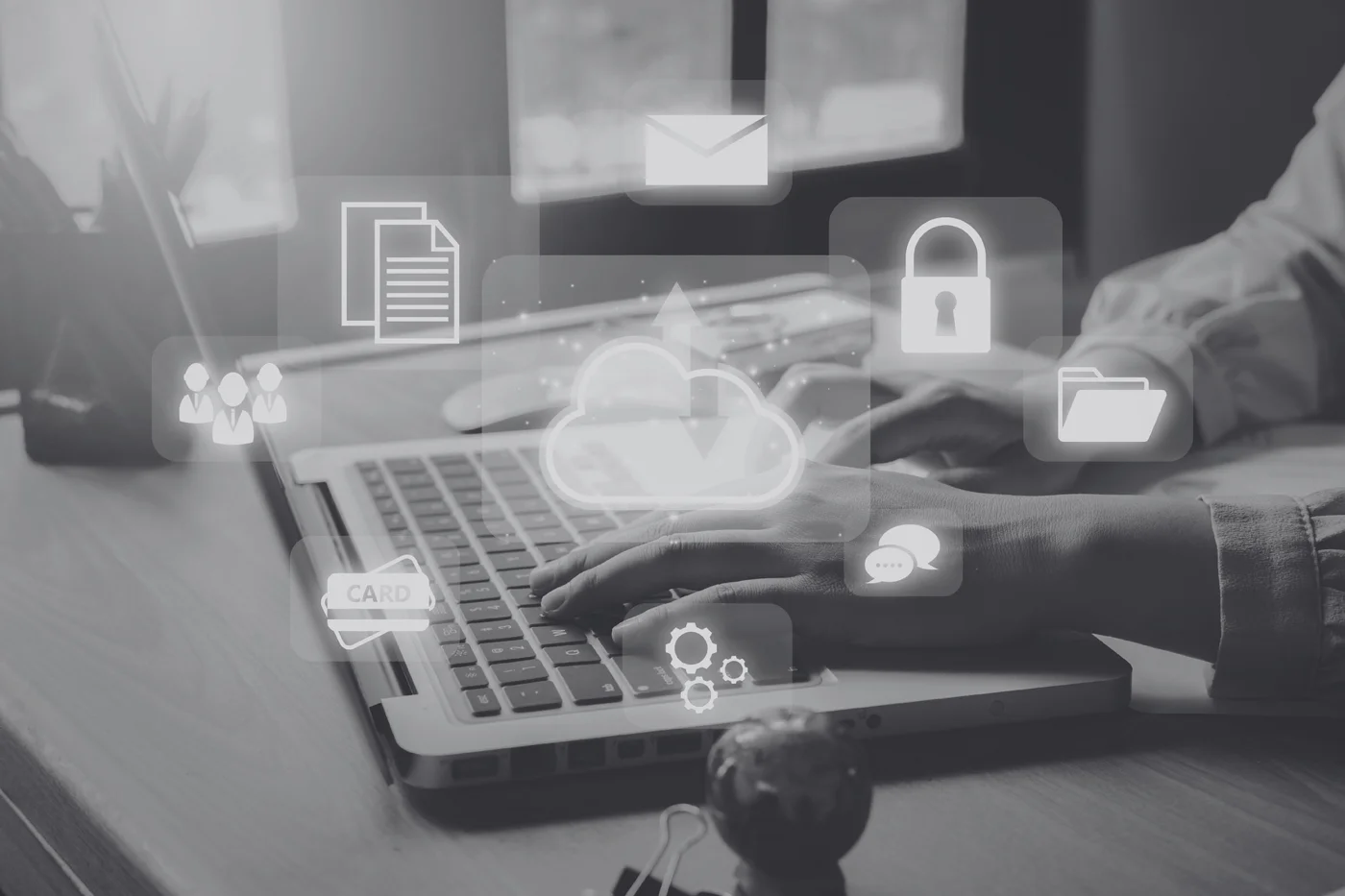 Illustration of cloud services and security controls around an enterprise workstation.